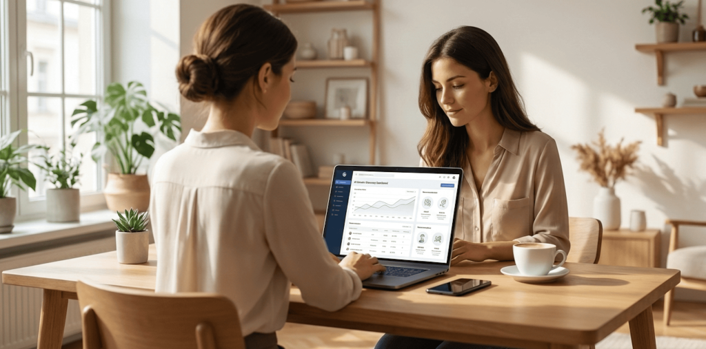 Two women reviewing an AI dashboard on a laptop at a café-style workspace, representing Airawath’s smart gift suggestions and digital planning tools.